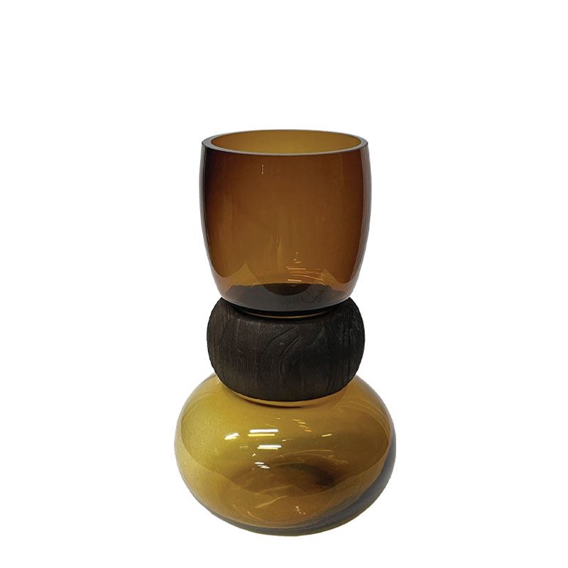 Βάζο γυάλινο με ξύλινο δαχτυλίδι καφέ/κεχριμπάρι 26cm