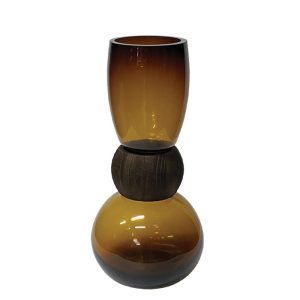 Βάζο γυάλινο με ξύλινο δαχτυλίδι καφέ/κεχριμπάρι 33cm