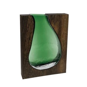 Βάζο γυάλινο με ξύλινη βάση πράσινο 29cm