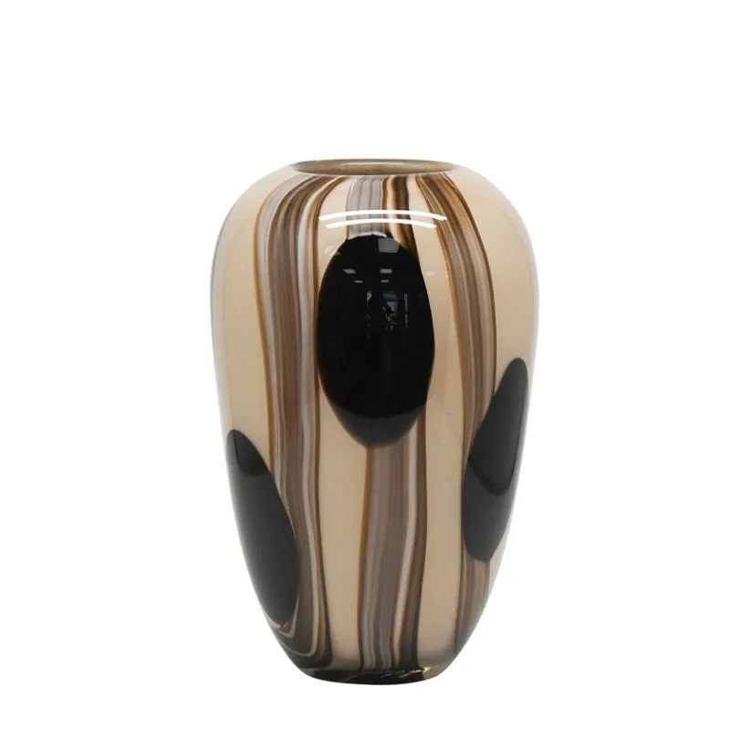 Βάζο φυσητό γυαλί με γραμμές και βούλες ωοειδές μπέζ/καφέ 27cm